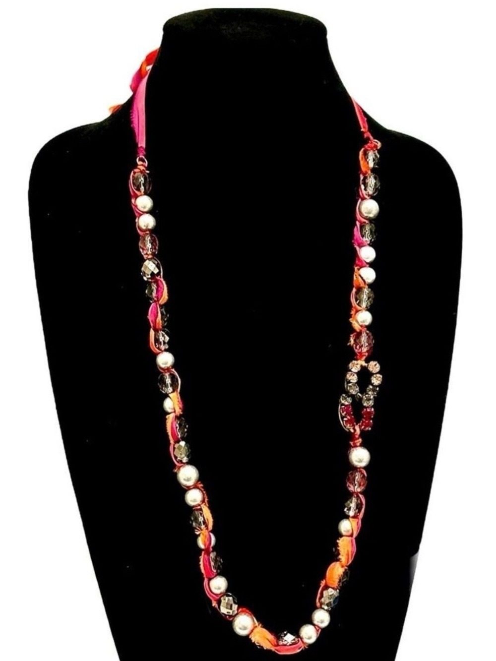 LOFT Red Ribbon Beaded Statement Necklace